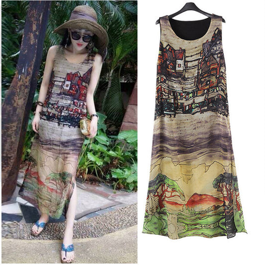 Summer New Female Chiffon Dress Retro House Pattern Sleeveless Split Beach Long Skirt