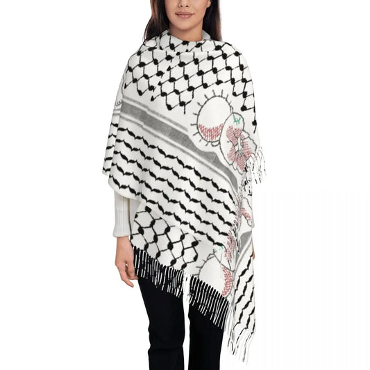 Womens Tassel Scarf Palestinian Tatreez Long Super Soft Shawl and Wrap Palestine Kufiya Keffiyeh Pattern Cashmere Scarf