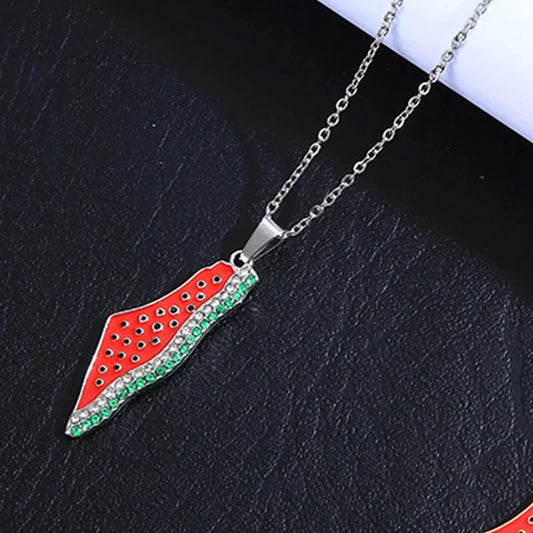 Geometric Stainless Steel Crystal Watermelon Pendant Necklace Fashion Summer Creative Islamic Charm Jewelry Gift Vintage