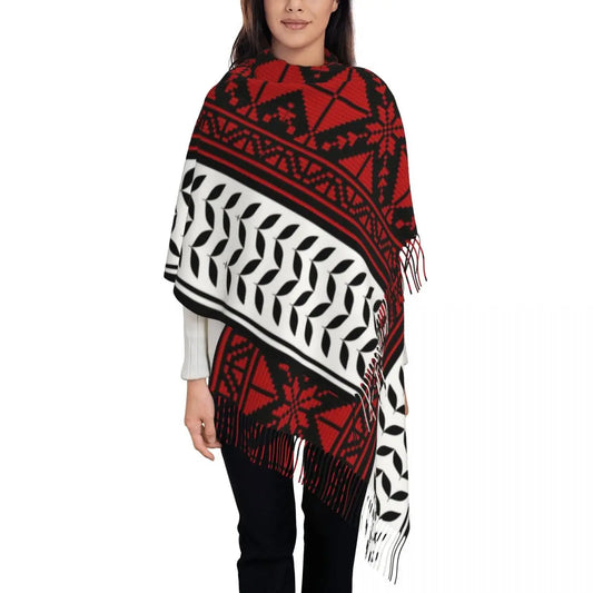 Women's Tassel Scarf Arabic Folk Kufiya Hatta Traditional Keffiyeh Pattern Large Winter Warm Shawl and Wrap Pashmina Scarves