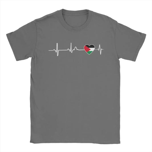 T shirts Heart Beat Palestine Palestinian Flag T Shirts for Men Cotton Vintage T-Shirt Round Collar Tees Short Sleeve Clothing Plus Size