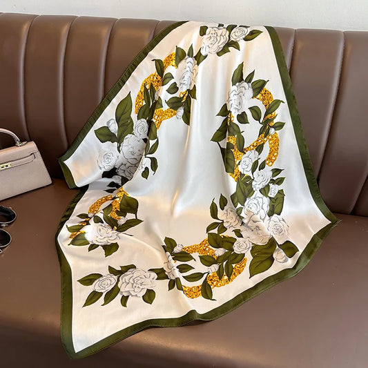 Flower Silk Square Scarf Women Satin Shawl Wrap Hijab Female Hair Band Wrist Luxury Headkerchief 70*70cm Echarpe 2024 Bandana